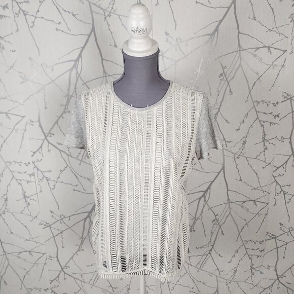 J. Crew White Gray Crochet Overlay Crewneck Top - Picture 1 of 6